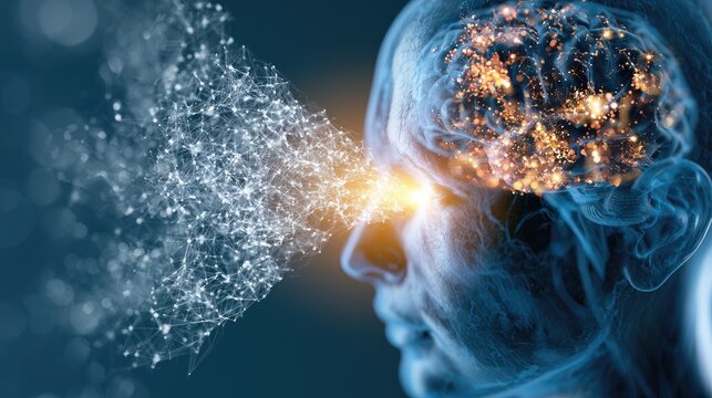 Abstract neural network expands from glowing human brain