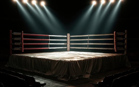 Empty, dimly lit boxing ring with spotlights, hinting at an upcoming match