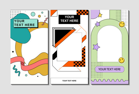 Retro Memphis Style Social Media Story Templates with Colorful Geometric Shapes