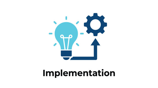 Minimalist flat vector icon representing a bright light bulb connected to a mechanical gear for modern business strategy implementation concepts
