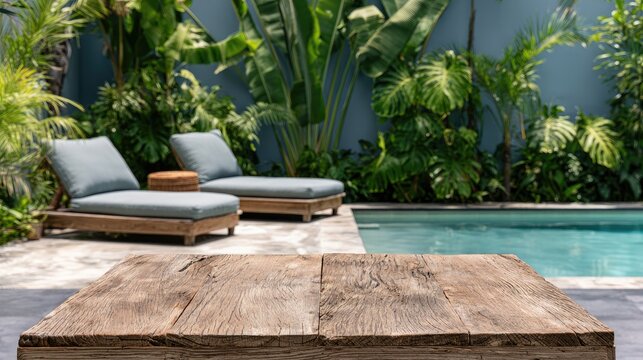 Sunlit poolside with lounge chairs and lush greenery, foreground offers rustic table