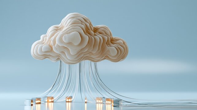 Abstract cloud sculpture connected by glowing wires to illuminated geometric base