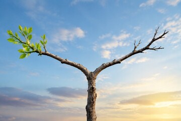 Fototapeta premium Single tree branch forking into two, growing in opposite directions against a soft-focus sky.