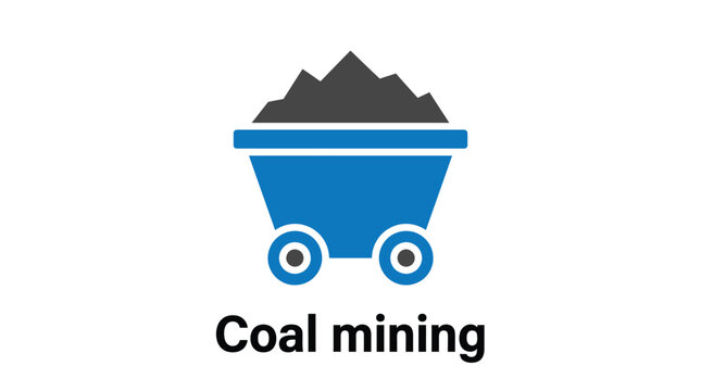 Minimalist blue and grey icon showing a cart filled with coal designed for industrial energy and mining sector visual projects