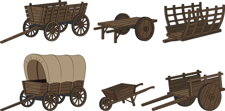 Vintage Wooden Cart and Covered Wagon Vector Set Featuring Antique Horse Carriages Chariots and Old Farm Wheelbarrow Isolated on White Background