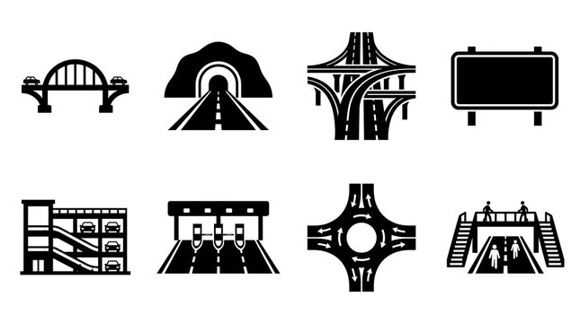 Highway infrastructure icons showing bridge tunnel interchange highway sign parking garage toll booth roundabout and pedestrian bridge.