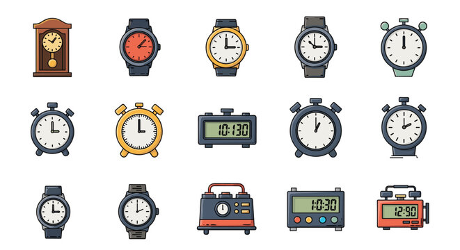 Large collection of diverse timepieces including alarm clocks, digital timers, wristwatches and antique wall clocks.