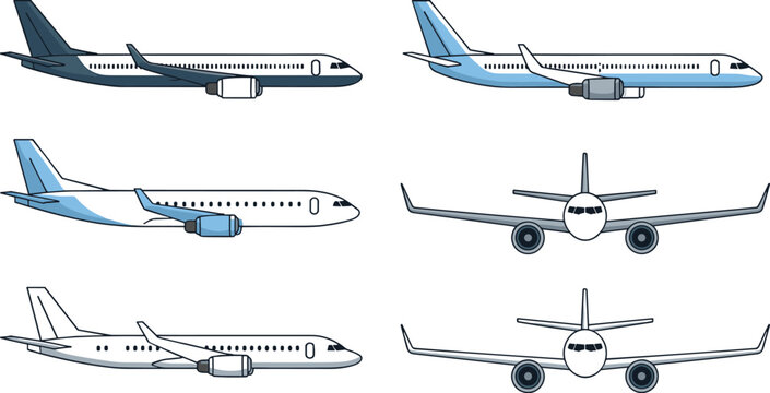 Commercial Airplane Fleet Vector Illustration Collection Featuring Passenger Airplanes in Front and Side Views for Aviation Logistics and Travel Design Projects