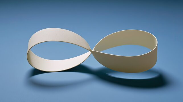 A white M?bius strip, a single-sided loop, casts a shadow on a blue background