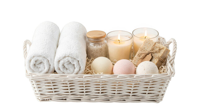 Spa gift basket with towels, candles, bath bombs, and soap isolated on transparent background