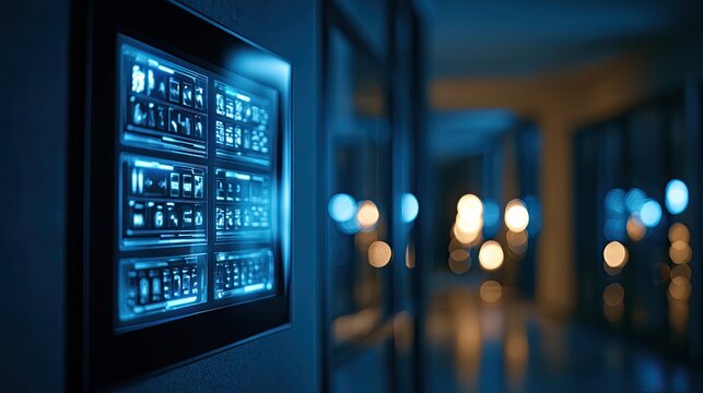 Futuristic glowing blue interface displays complex data on wall in modern hallway