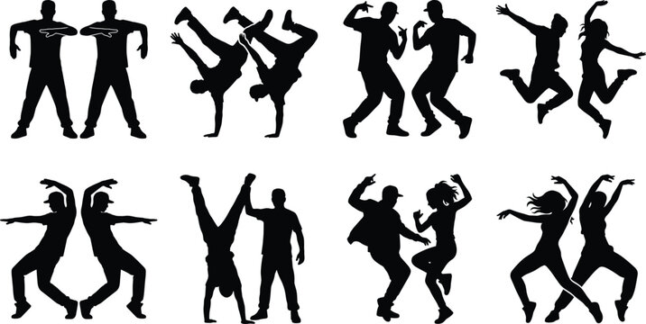 Street dance silhouettes set featuring breakdancing hip hop dancers jumps freezes and energetic urban choreography