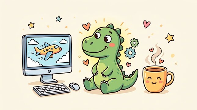 A Cheerful Dinosaur Enjoying Technology and Coffee