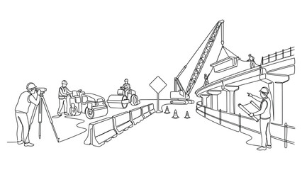 Obraz premium Continuous one line drawing of construction site with workers and heavy machinery.