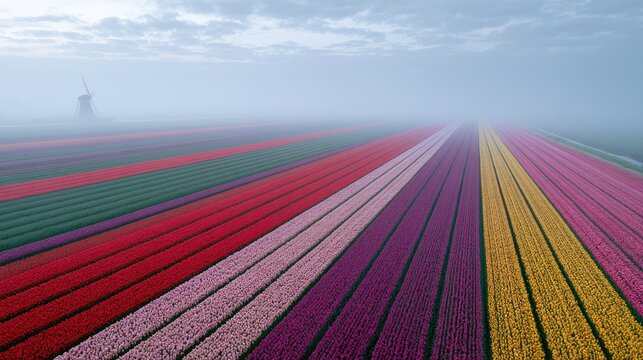 Aerial view of colorful tulip fields in bloom under a misty sky