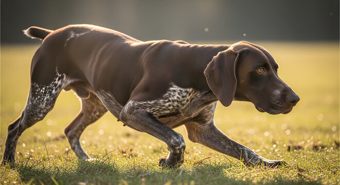 German Shorthaired Pointer Stalking in a Sunlit Field