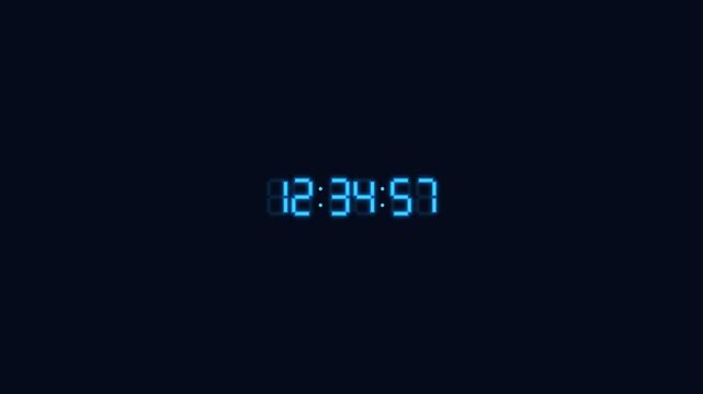 Blue Digital Clock Ticking and Counting Seconds on Black Background
