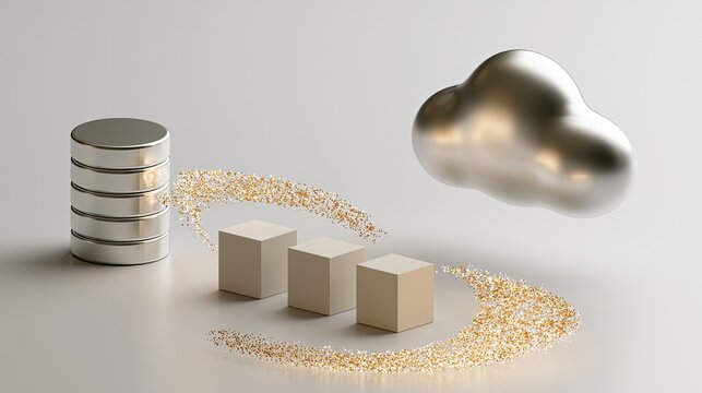 Sleek metallic database icon near geometric shapes and abstract cloud