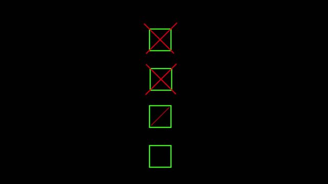 four Bullet point multiple choice checklist presentation boxes with thin animated hand drawn crosses on a plain simple black background.Motion graphics of concept