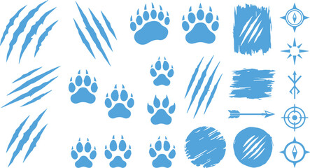 Naklejka premium Set of animal claw marks and paw prints in blue line art with wildlife predator aggressive illustration collection isolated adventure tracking
