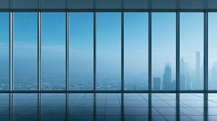Fototapeta premium Expansive modern office interior with floor-to-ceiling windows overlooking a hazy cityscape