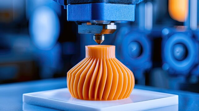 Industrial 3D printer creates an orange ribbed vase with precision