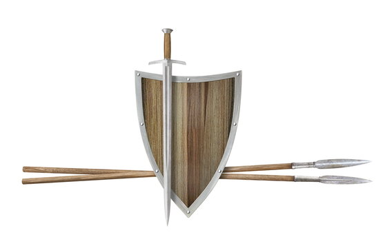 sword wooden shield and lances isolated on white