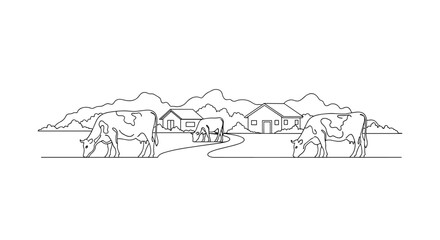 Fototapeta premium Minimal continuous line drawing of dairy cows grazing on a farm with a country road and houses in the background.