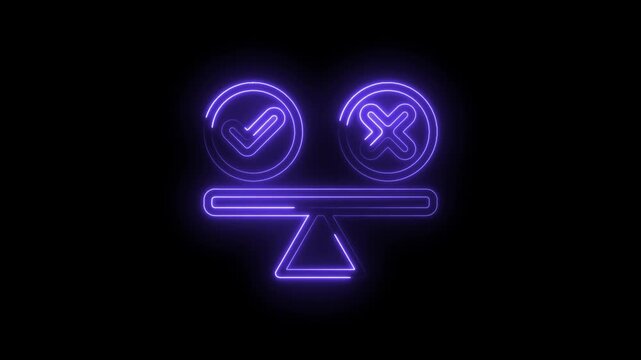 Neon balance scale with checkmark and cross symbols glowing purple on icon black background