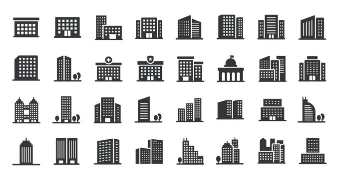 Building glyph solid icons collection. Containing skyscraper, town, city. For website marketing design, logo, app, template, ui, etc. Vector illustration