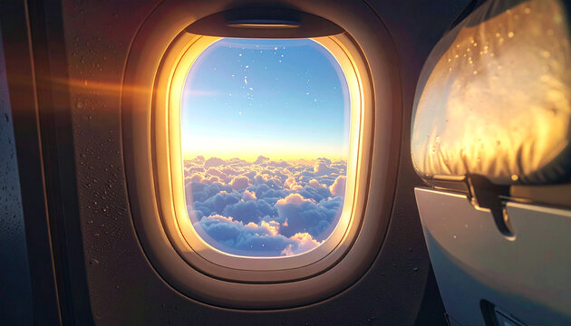 Sunrise from airplane window: The golden sun peeks over a bed of fluffy clouds, seen through an airplane window, creating a breathtaking and serene travel experience.