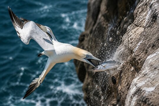 A seabird diving with a fish caught in its beak.