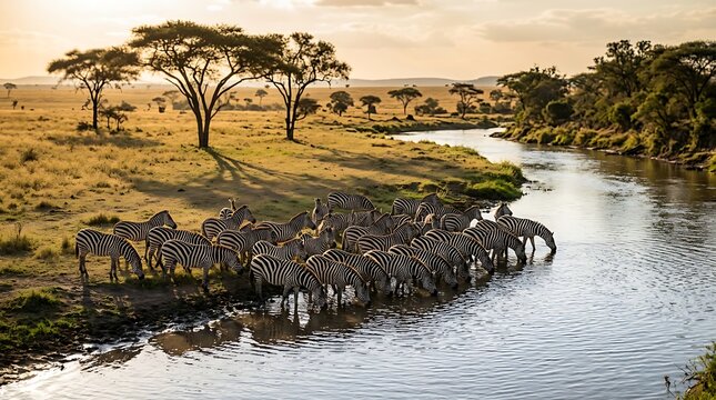 Zebras drinking at a river bank during sunset in the wild savanna