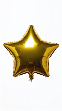 A bright golden star-shaped foil balloon floats against a plain white background