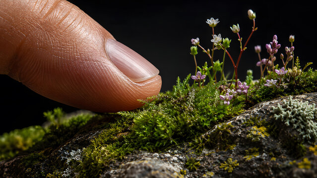 Human finger touching green moss and tiny wild flowers growing on a textured stone surface under macro close up view against a dark background