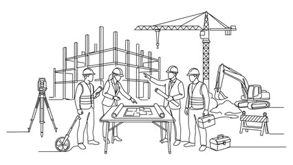 Obraz premium Continuous line drawing of a construction team reviewing architectural blueprints at a job site.