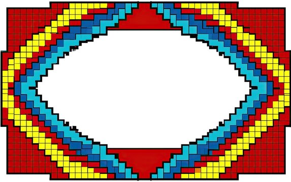 Geometric diamond pattern with layered colorful bands around an empty oval space