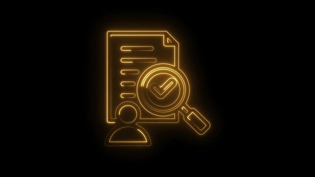 Neon outline of a document with a magnifying glass over a checkmark and a person icon glowing