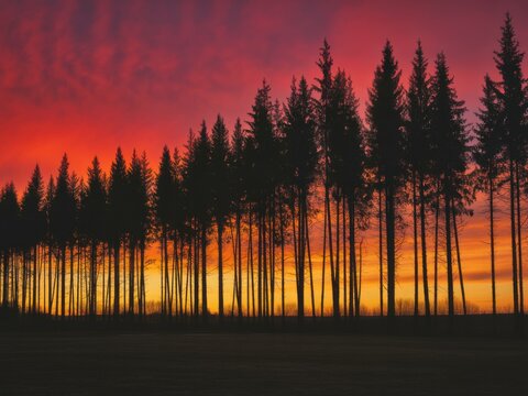 Vibrant sunset over silhouetted pine tree forest landscape