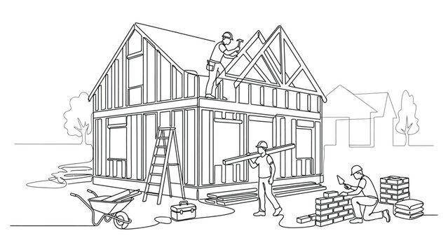 Construction workers building a new house structure outline drawing.