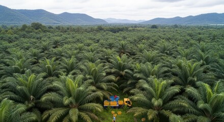 Fototapeta premium Aerial view of palm oil harvesting activity with workers and truck amidst a vast tropical plantation under a cloudy sky