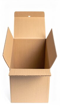 An empty, open brown cardboard box with flaps raised, isolated on white