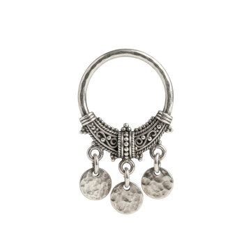 Traditional silver nose ring with intricate filigree and hanging coin charms isolated on transparent background