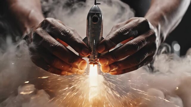 Close-up of human hands holding a miniature silver rocket ship emitting bright orange fire and sparks during a mock launch sequence against a dark, out-of-focus background.