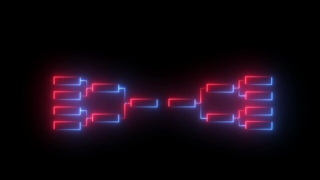 32 team tournament bracket championship template by glowing neon effect animation isolated on black background.Motion graphics of concept