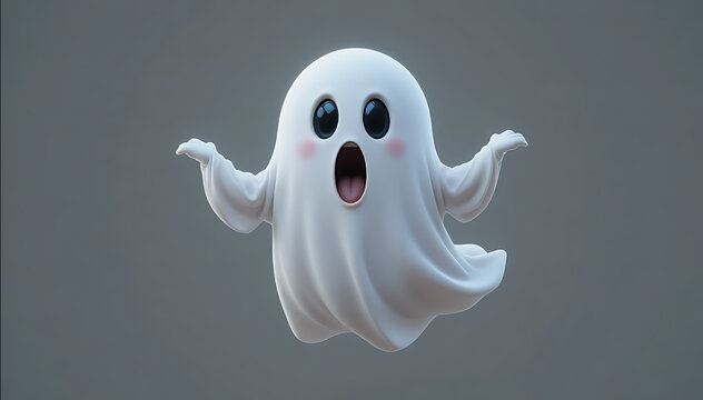 Surprised cartoon ghost with wide open mouth and eyes, floating entity wearing white sheet costume, astonished spectral character for spooky holiday.