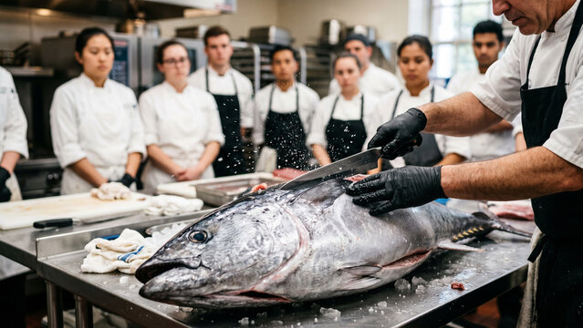Professional chef demonstrating how to butcher a giant whole bluefin tuna to culinary school students in a commercial kitchen