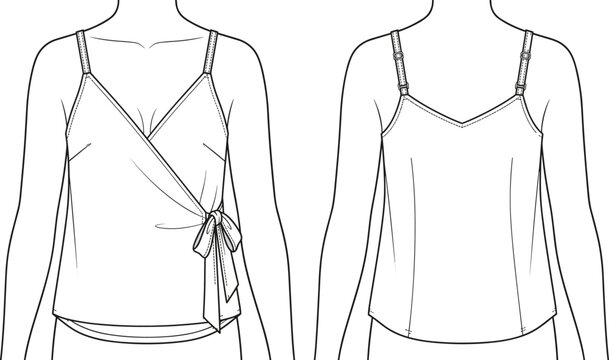 Technical flat sketch vector illustration of a women spaghetti strap wrap camisole top front and back view