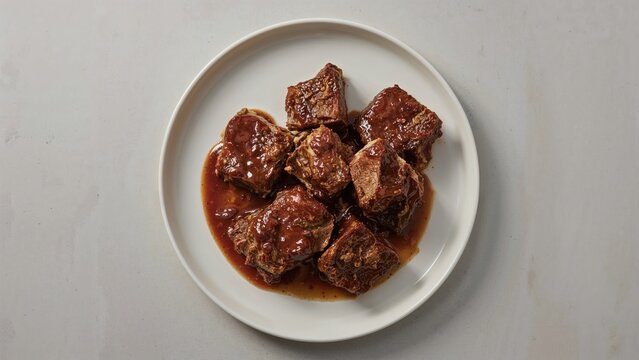 Chunks of beef in sauce served on a white plate.