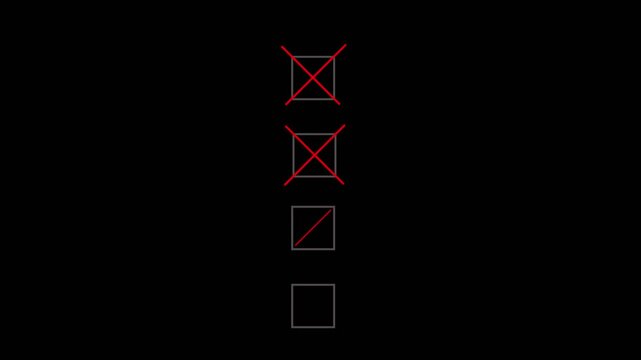four Bullet point multiple choice checklist presentation boxes with thin animated hand drawn crosses on a plain simple black background.Motion graphics of concept